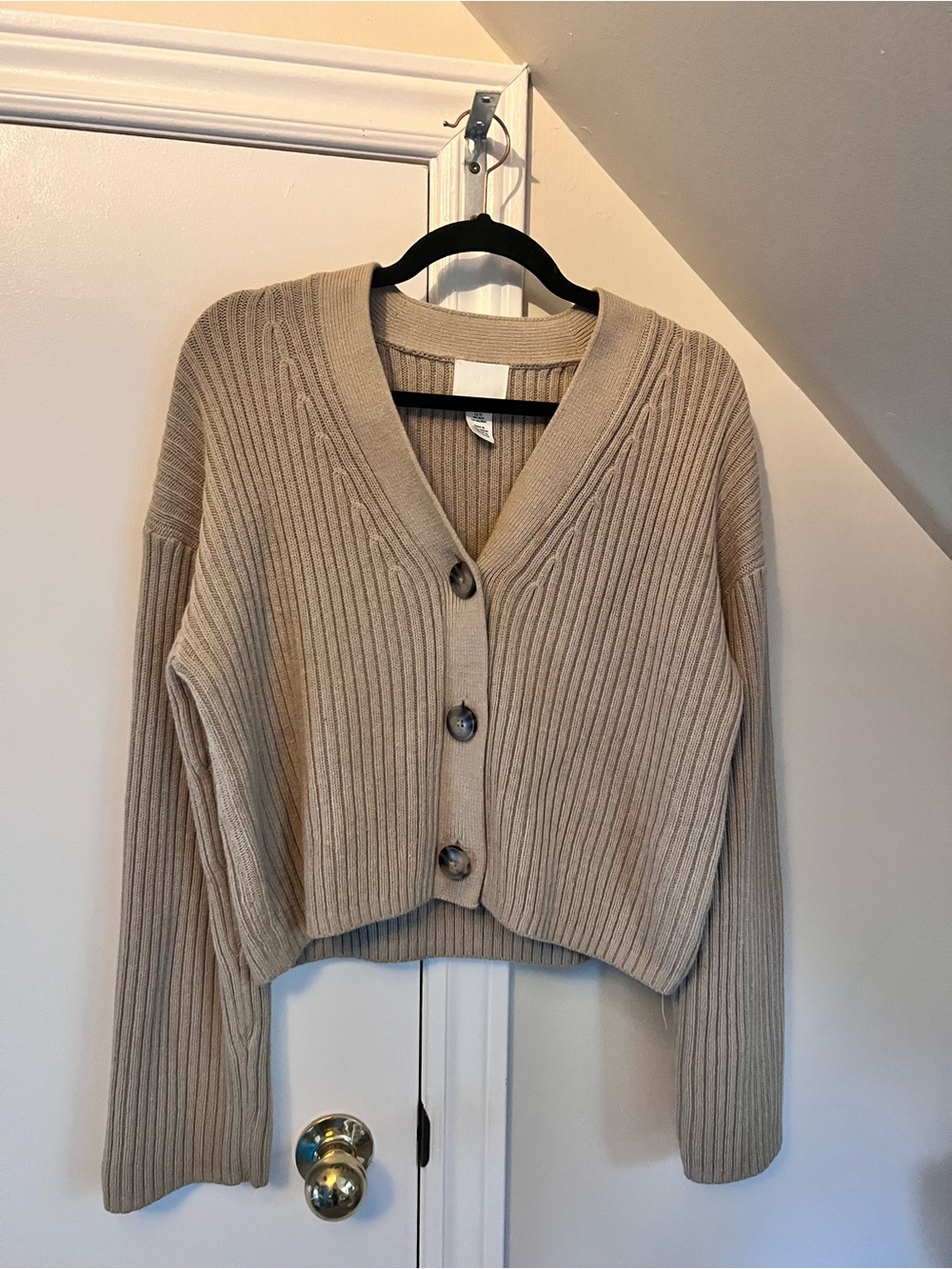 H&M Ribbed V-Neck Button Cardigan - Beige